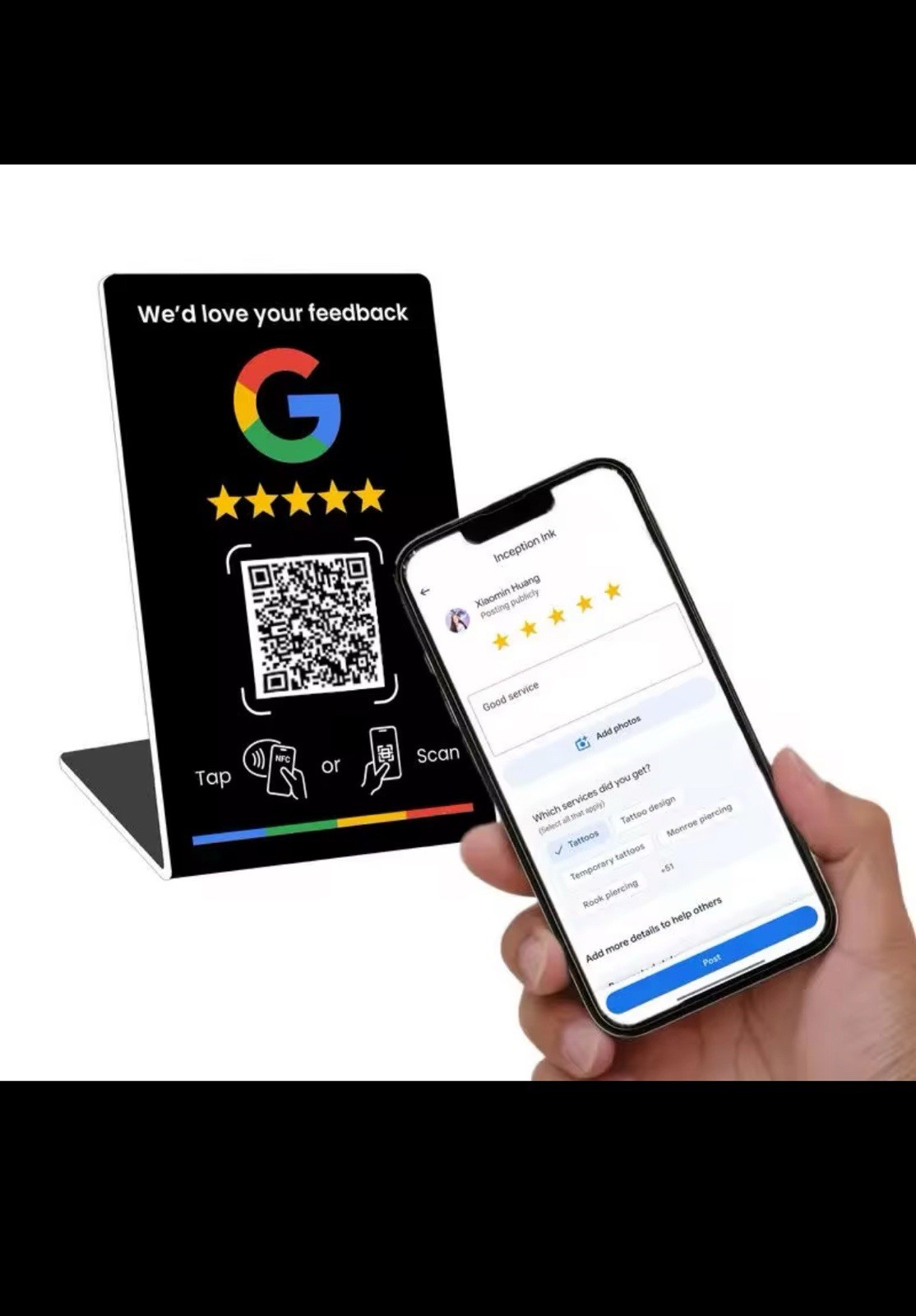 NFC Google Review Stand QR Code Tap Sign – Instant Feedback All Phones, Black
