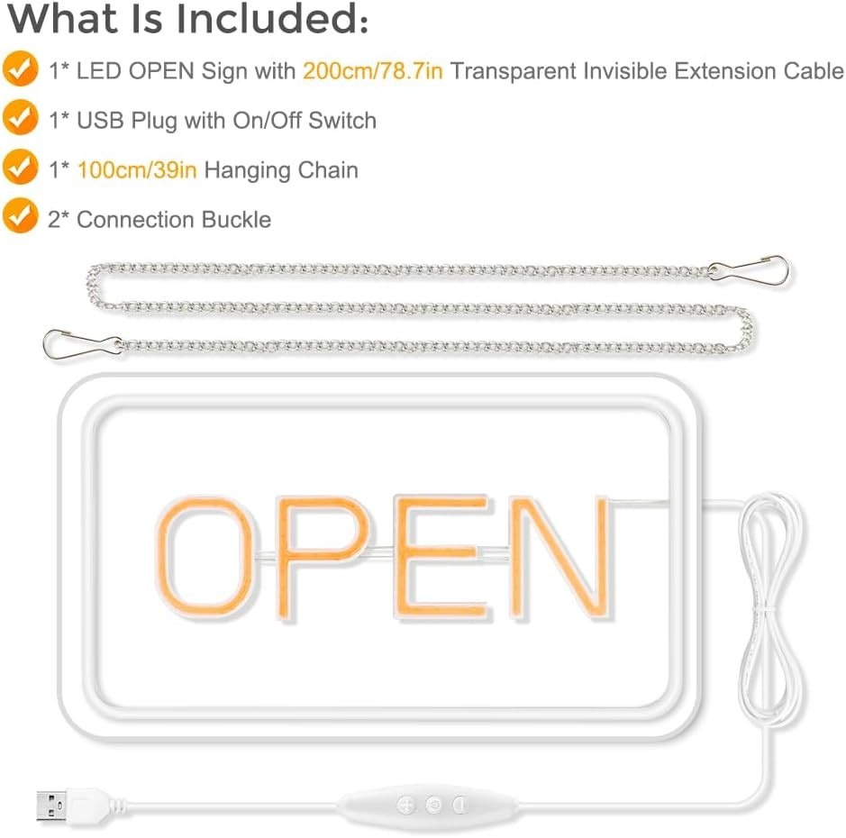 High-Quality Neon Open Sign 16″ Landscape Yellow White Business Display