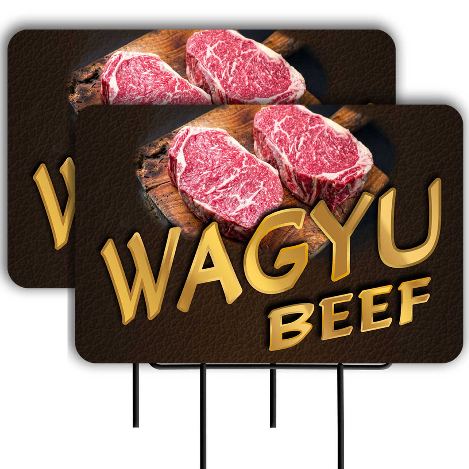 Wagyu Beef 2 Pack Double-Sided Yard Signs 16″ x 24″ with Metal Stakes (Made in T