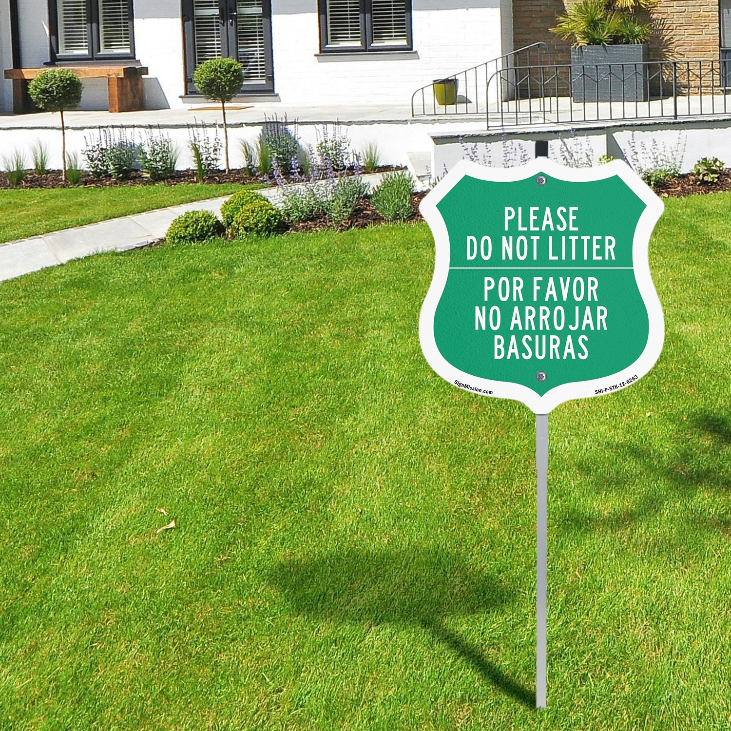 Please Do Not Litter Bilingual English / Spanish Shield Shaped Sign With Stake
