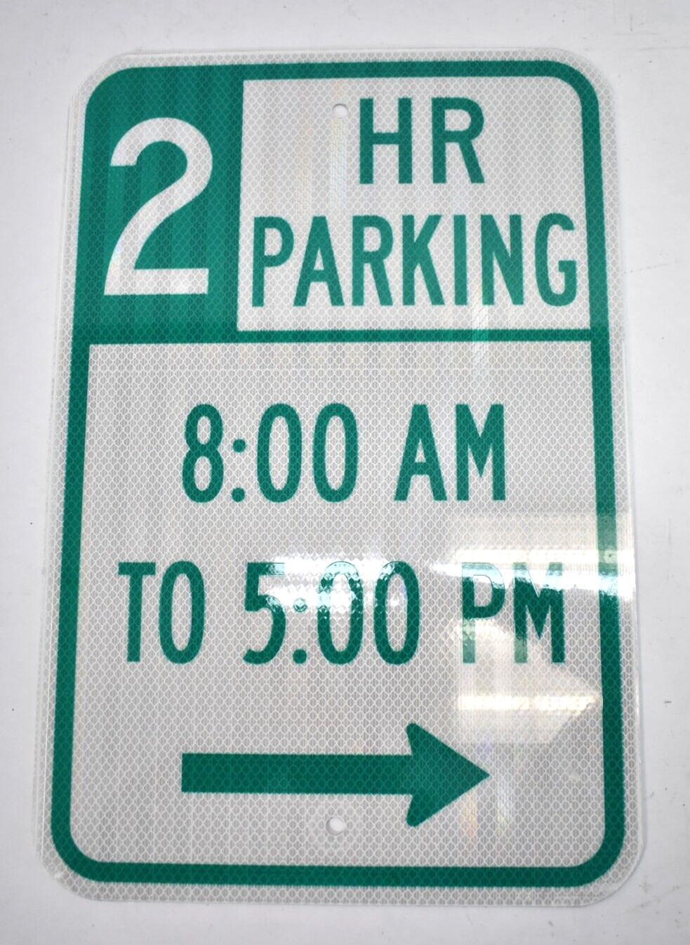 2 Hour Parking 8AM To 5PM Green/White Reflective Aluminum Sign 12″ x 18″