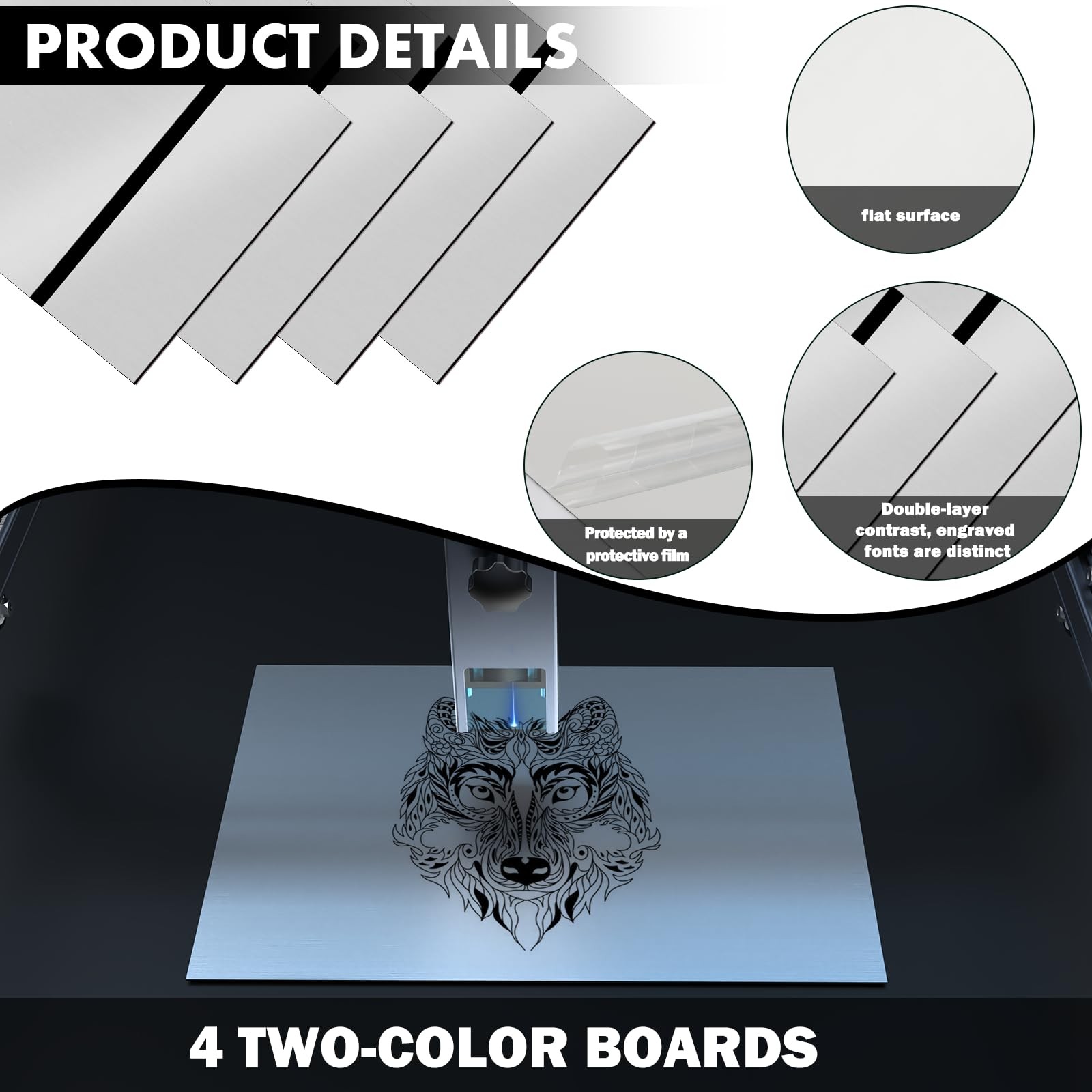 4 PCS 12×8 Inch Laser Engraving Double Color ABS Plastic Sheet Silver