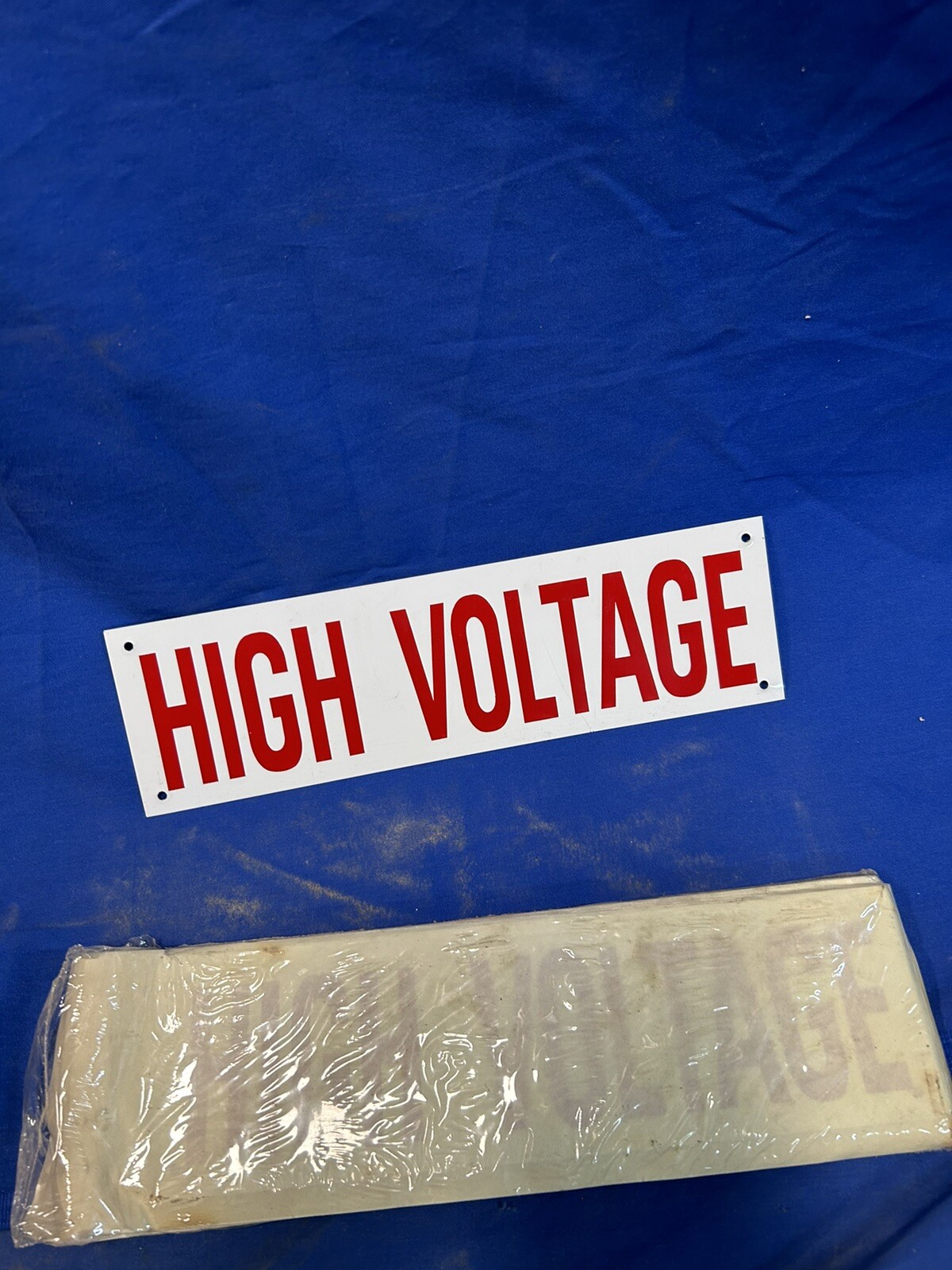 Nos Vintage Double sided white and red High voltage tin sign 12″ x 3.5″