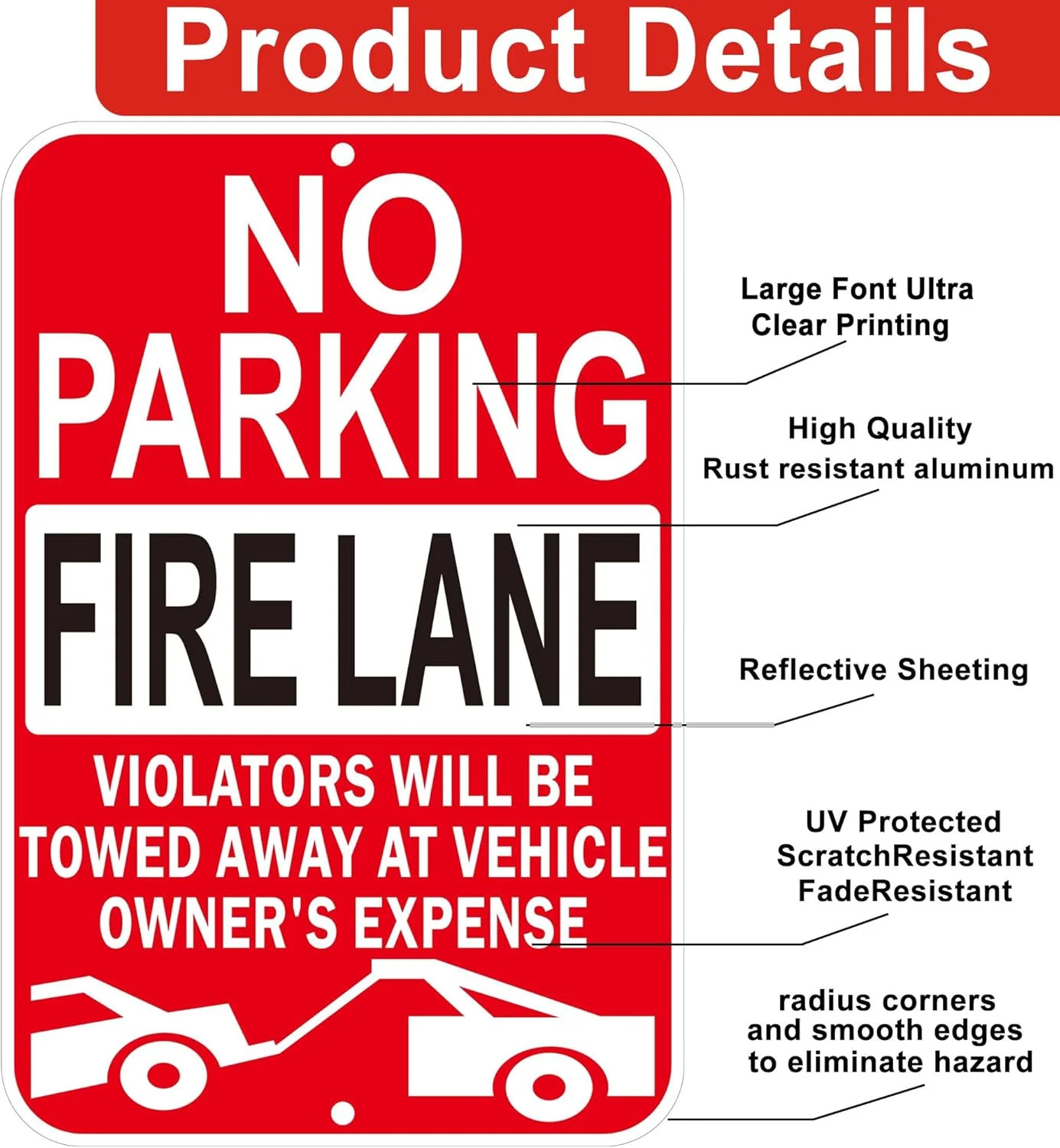 No Parking Fire Lane Signs, Red, Reflective Aluminum, 12 x 18 Inches, Weather Re