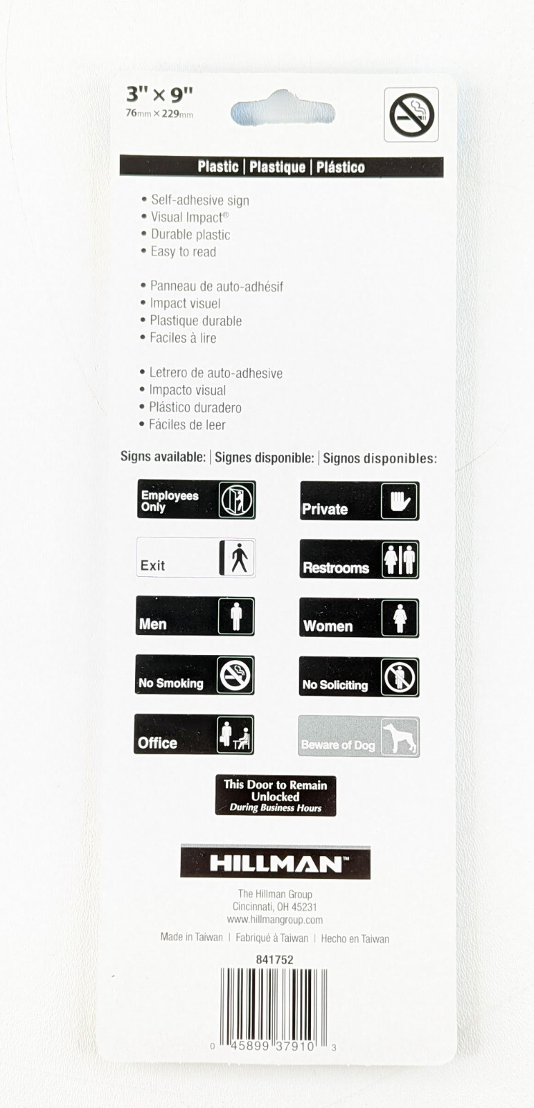 NO SMOKING Self Adhesive Plastic Sign 3 x 9″ Hillman 841752 Symbol Black White