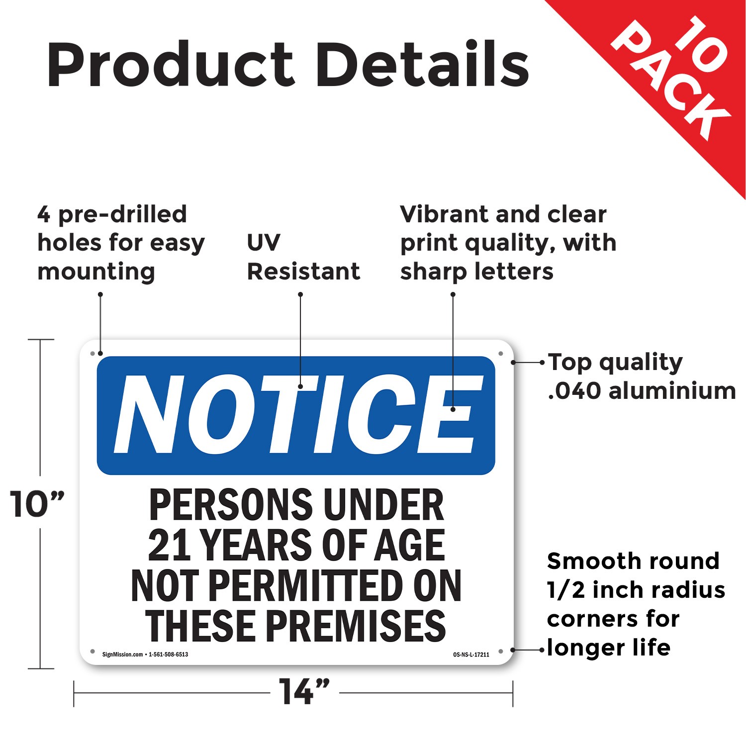 Persons Under 21 Years Of Age Not Permitted OSHA Notice Sign, Decal 5 or 10 Pack