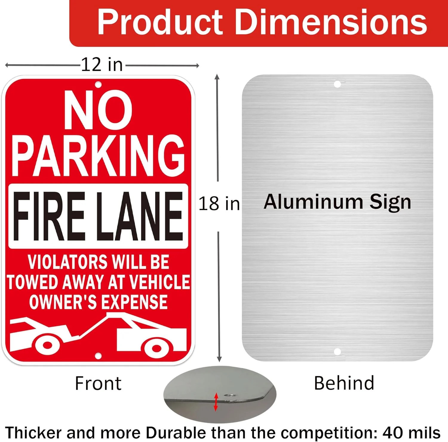 No Parking Fire Lane Signs, Red, Reflective Aluminum, 12 x 18 Inches, Weather Re