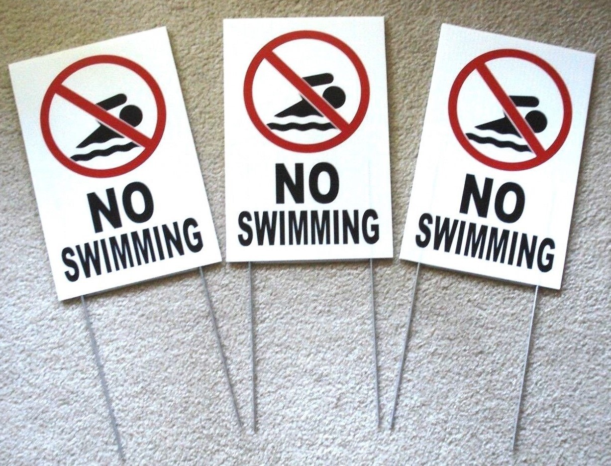 (3) NO SWIMMING with Symbol 8″ x12″ Plastic Coroplast Signs with Stakes
