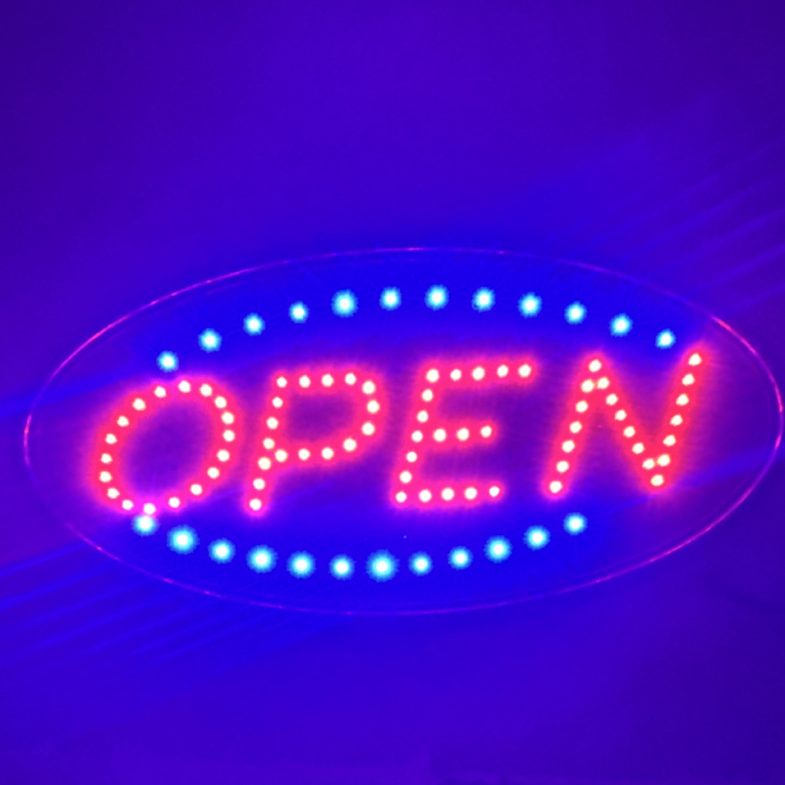 LED Illuminated Open Sign Oval Shape Black Red Blue Hanging Includes Hardware