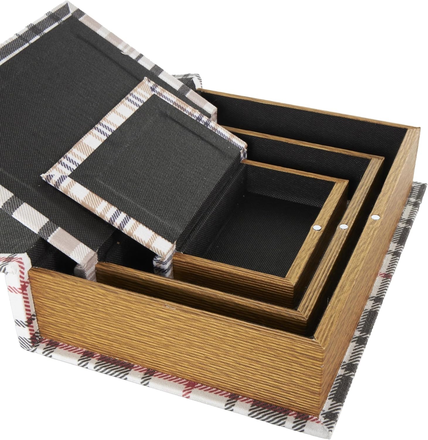 Wooden Geometric Decorative Box Faux Storage Book Book Shaped Boxes W/ Plaid