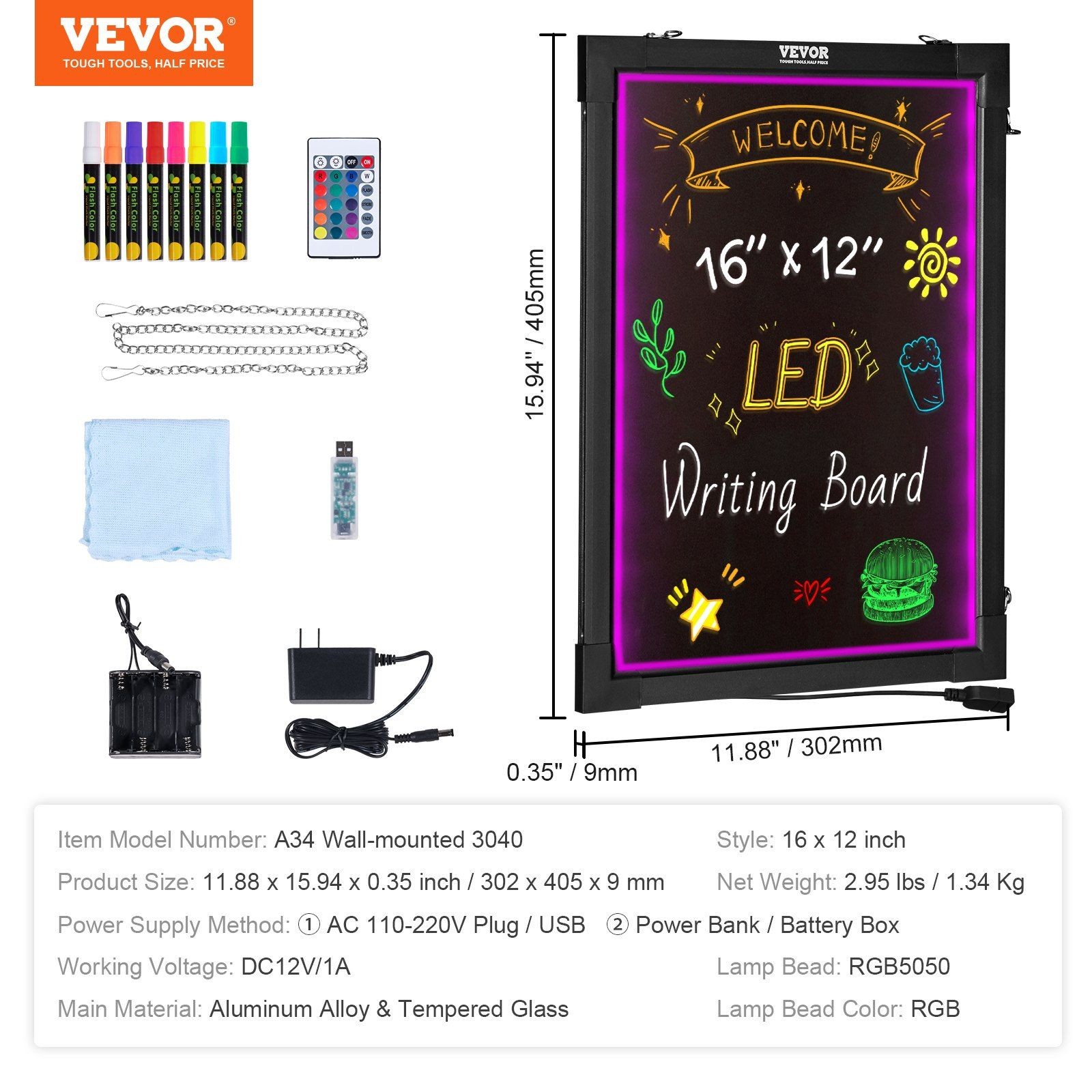 16×12 LED Message Board with Remote, Erasable Neon Effect, 8 Markers