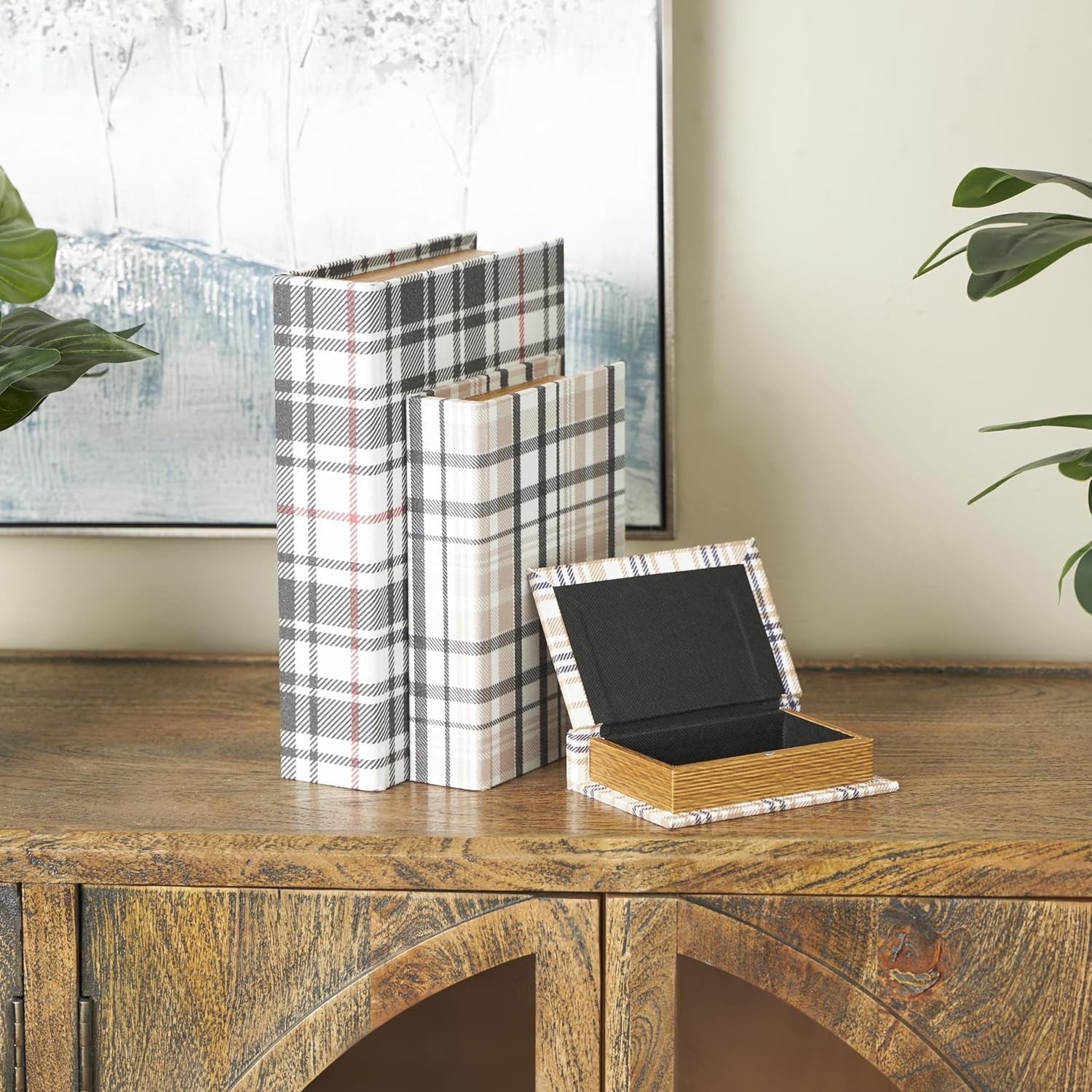 Wooden Geometric Decorative Box Faux Storage Book Book Shaped Boxes W/ Plaid