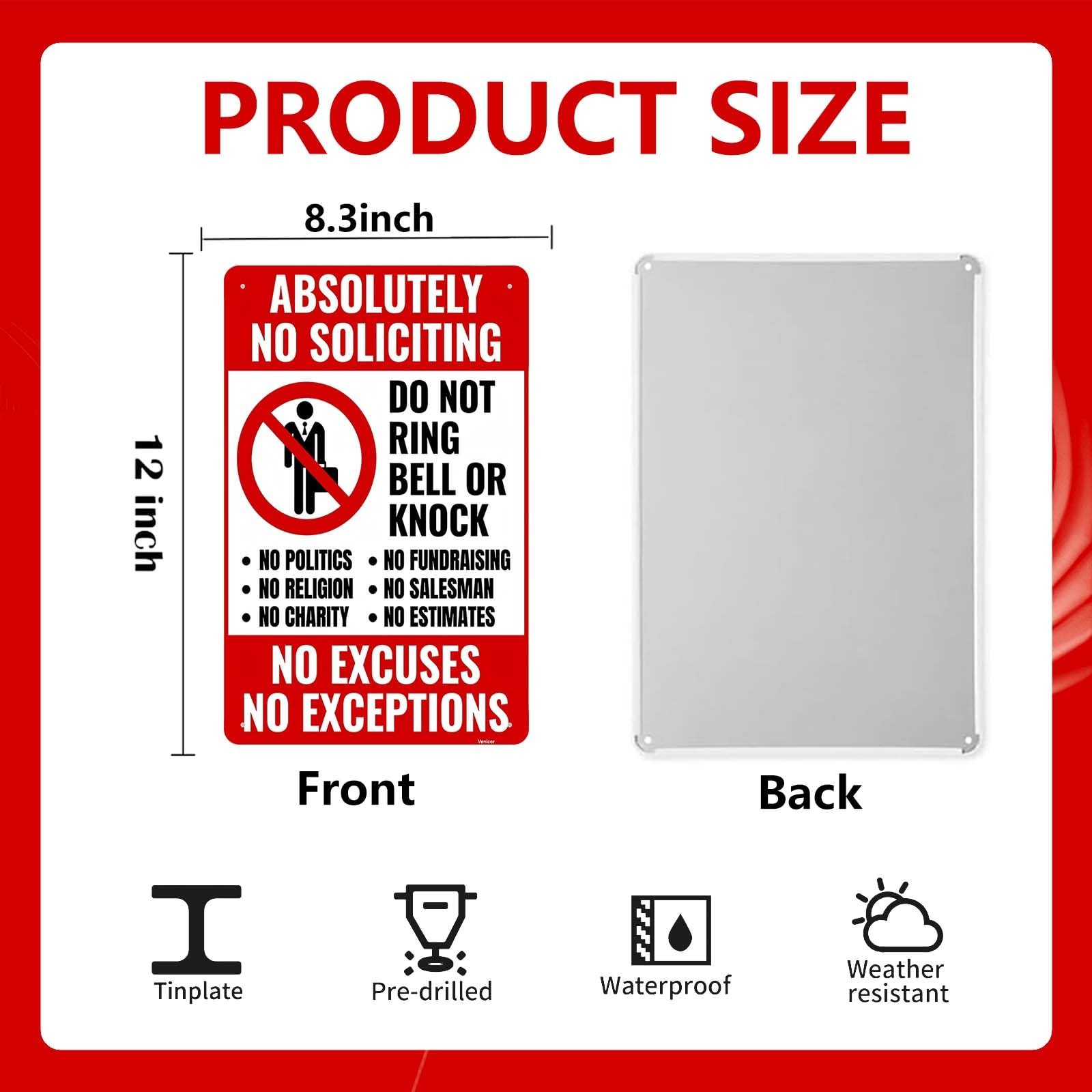 No Soliciting Sign 11.8×7.8″ Weatherproof Aluminum Door Sign, Do Not Knock R…