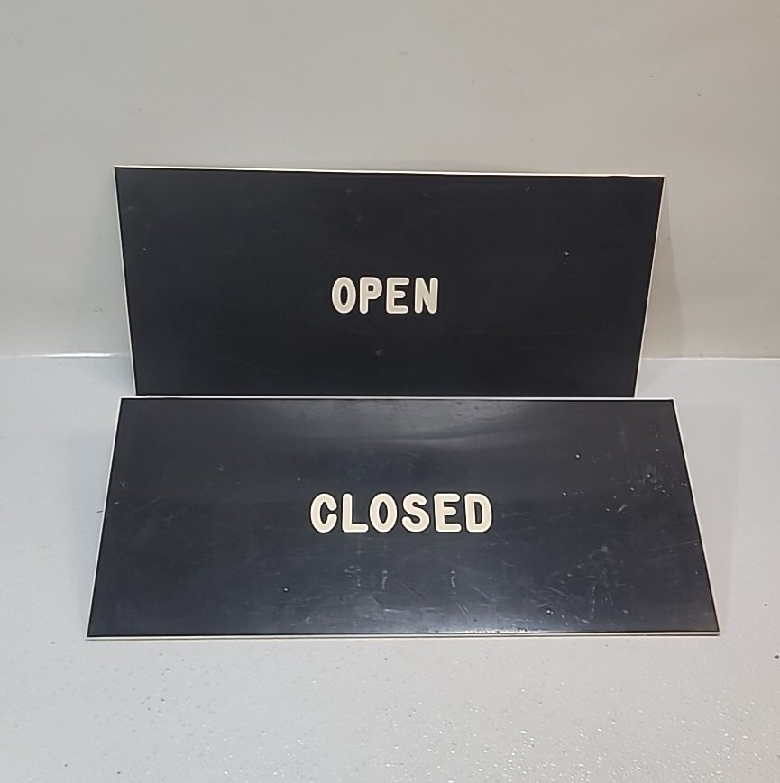 Set of Vintage OPEN / CLOSED White Letters On Black Double Sided 18″ x 8″