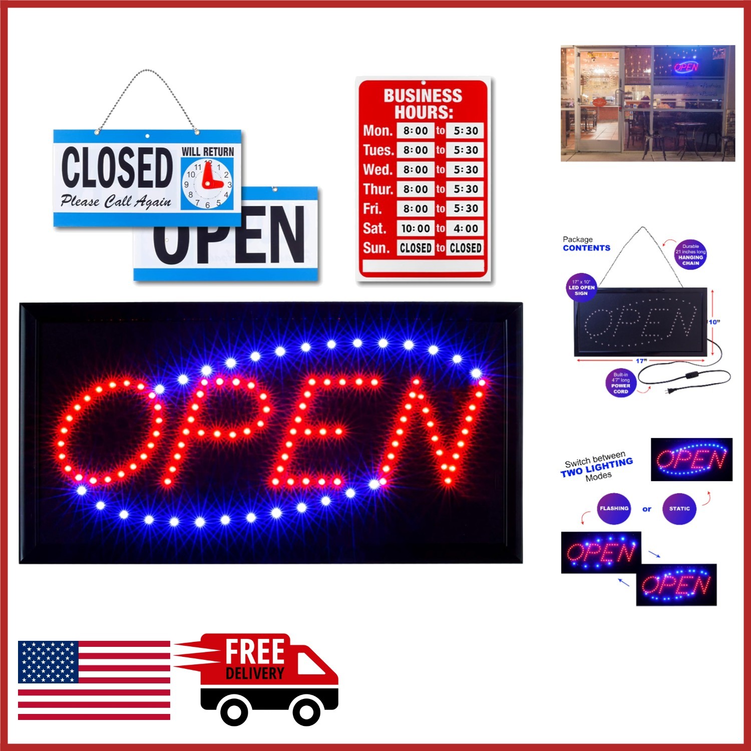 Wall Mounted LED Open Sign with Flashing Mode and Business Hours for Office
