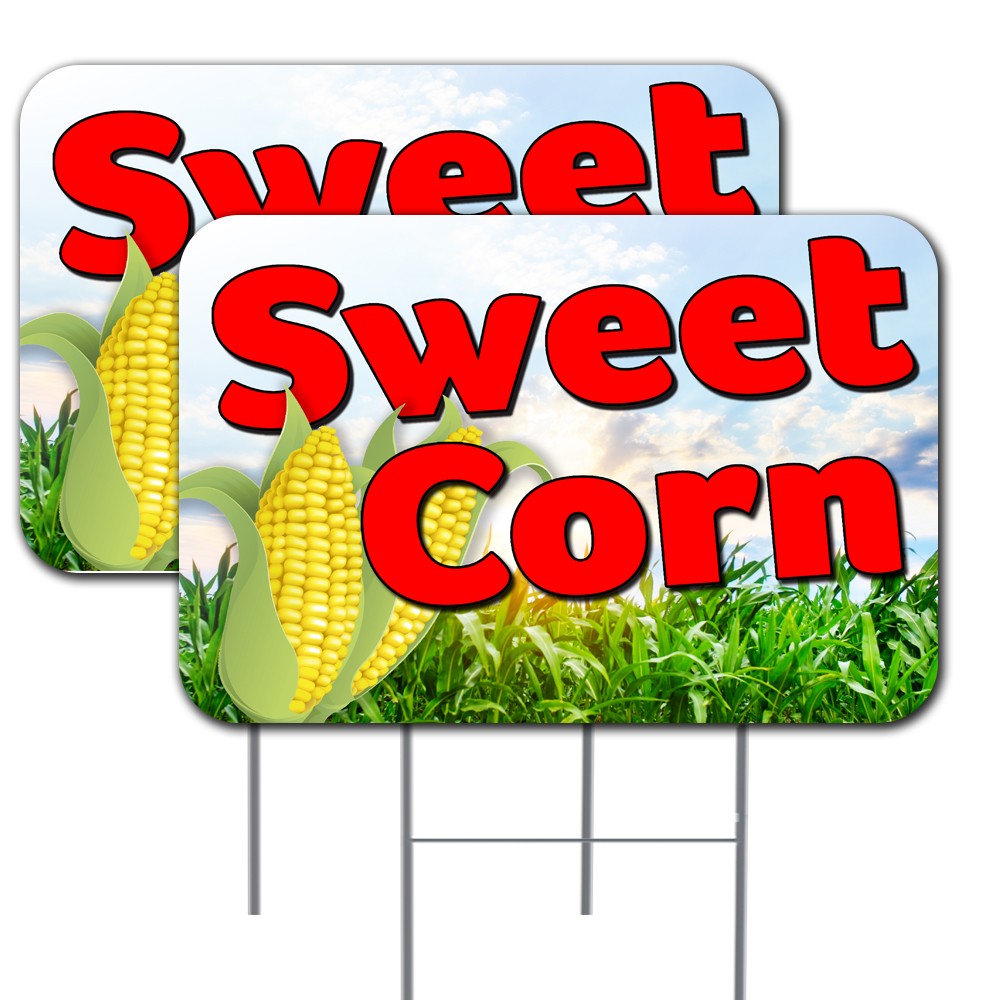 SWEET CORN 2 Pack Double-Sided Yard Signs 16″ x 24″ with Metal Stakes (Made in