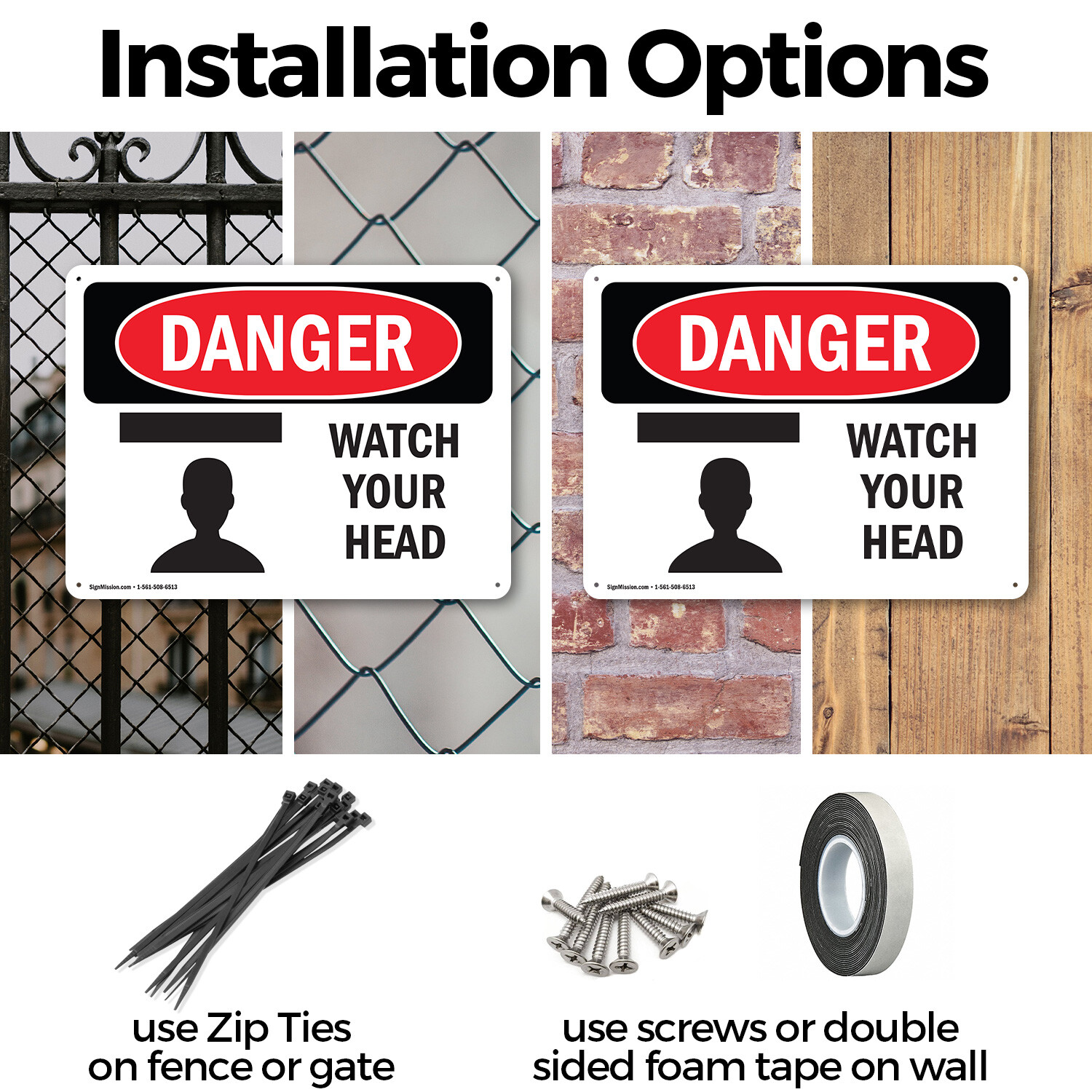 (2 Pack) Watch Your Head OSHA Danger Sign Decal Metal Plastic