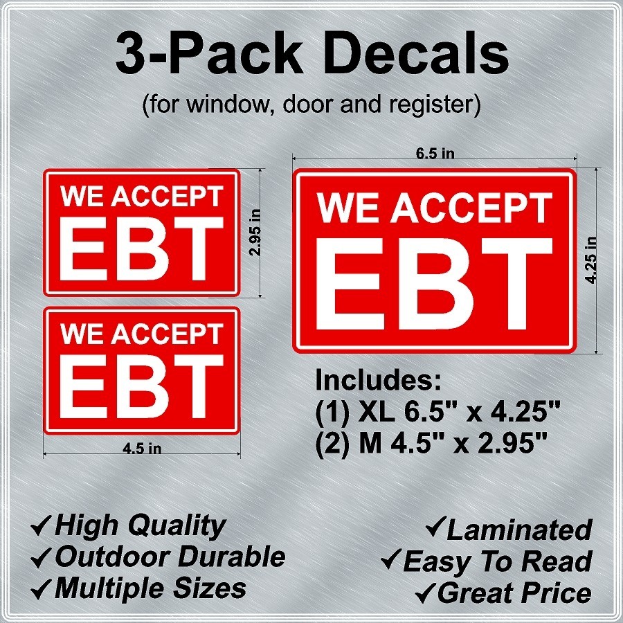 WE ACCEPT EBT Laminated Decals 3-Pack Variety for Door, Window and Register