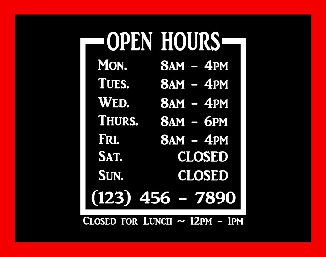 Business Store Open Closed Hours Phone Decal Vinyl Sticker Window Door Sign