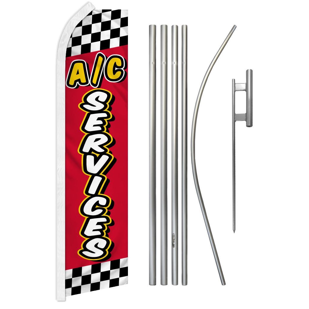 “A/C SERVICES” Advertising Super Flag & Pole Kit air condition service red check