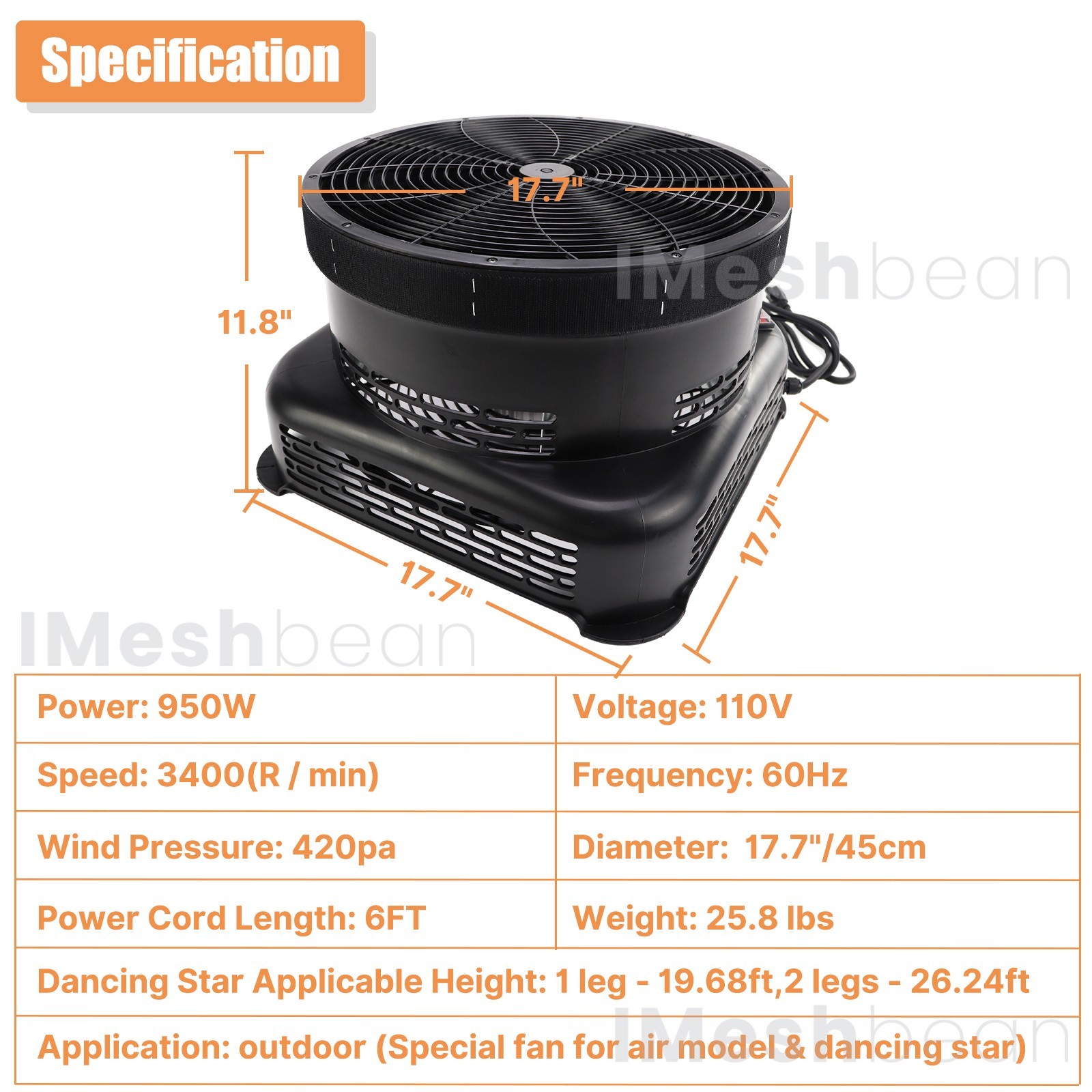 950W Air Blower Fan 18″ Air Dancer Blower Fit Inflatable Wind Dancer Tube Man