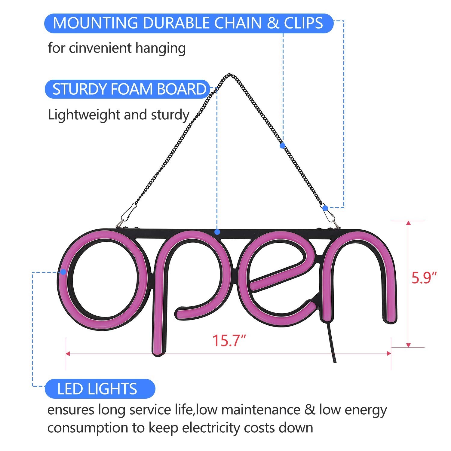 LED Open Sign,16×6 inch Open Signs for Business Window,With multiple flashing…
