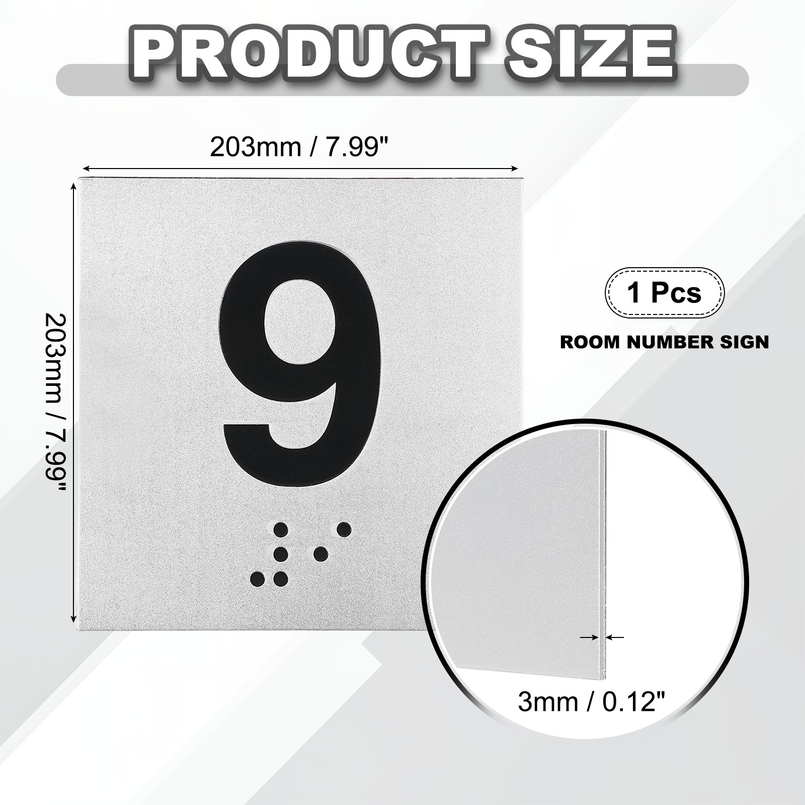 Exam Room Number Sign, 8″ x 8″ Number 9 Sign with Braille, Black on Silver