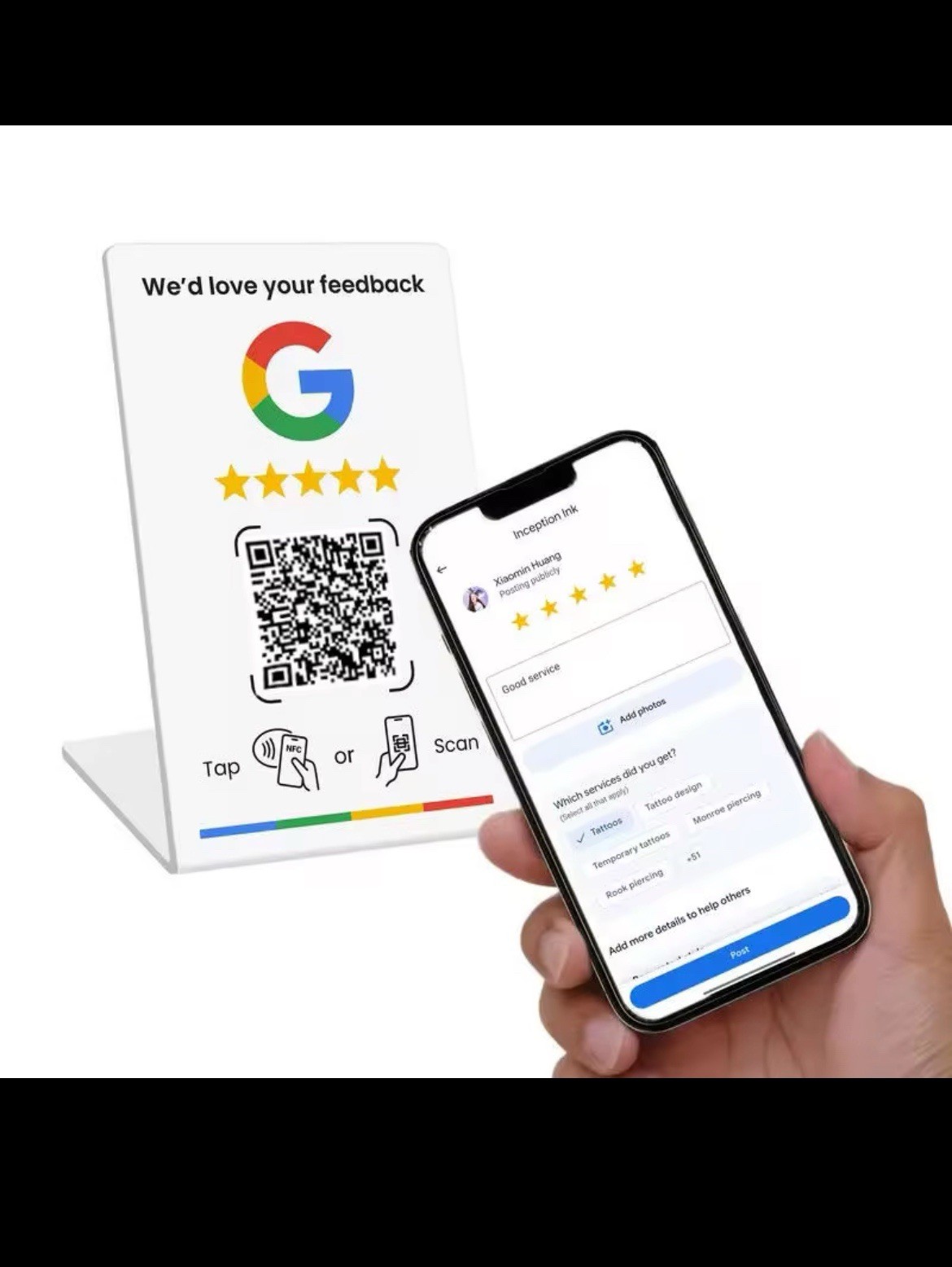 NFC Google Review Stand QR Code Tap Sign – Instant Feedback All Phones, Black
