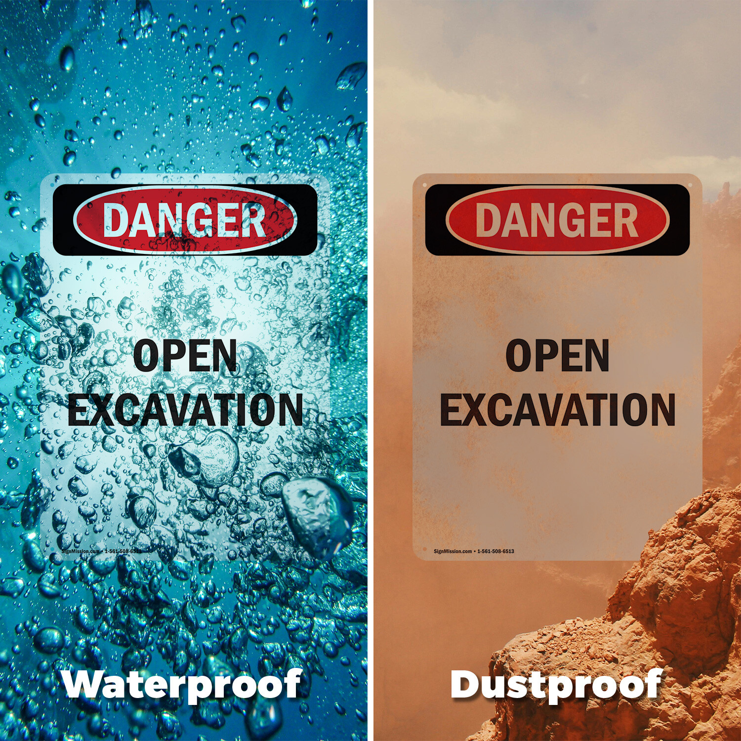(2 Pack) Open Excavation OSHA Danger Sign Decal Metal Plastic
