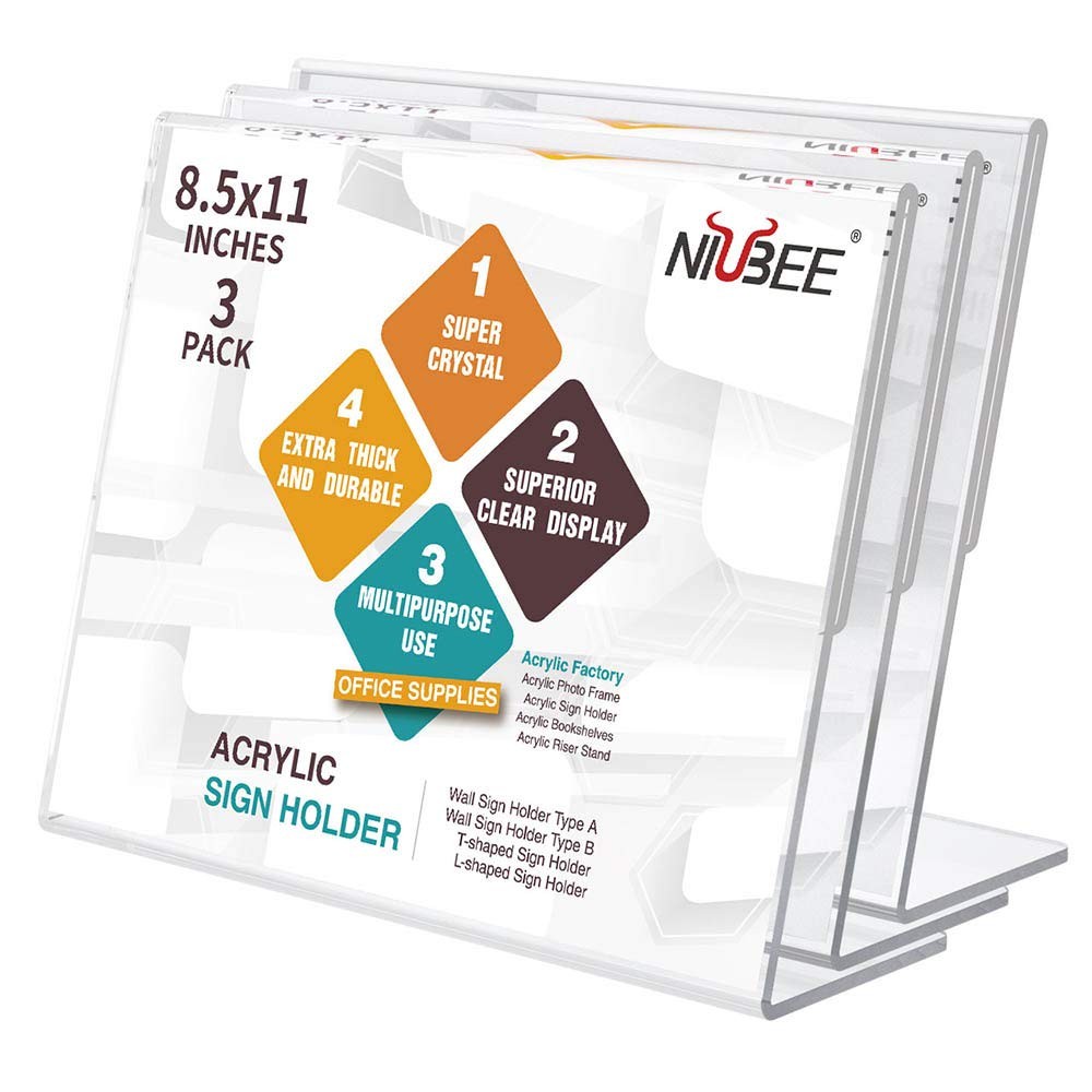 NIUBEE Acrylic Sign Holder 8.5×11 Inches 3 Pack Landscape, 8.5×11″, Clear