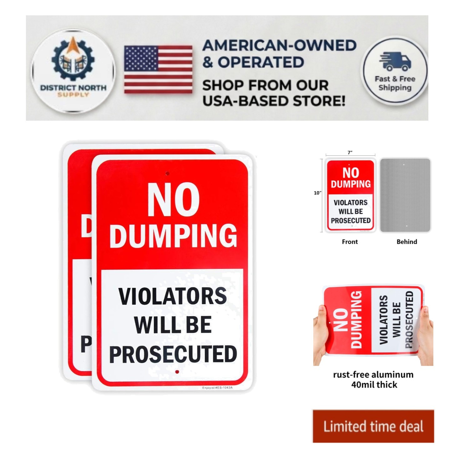 2 Pack No Dumping Signs – Durable 10″ x 7″ Aluminum, Weatherproof & UV Protected