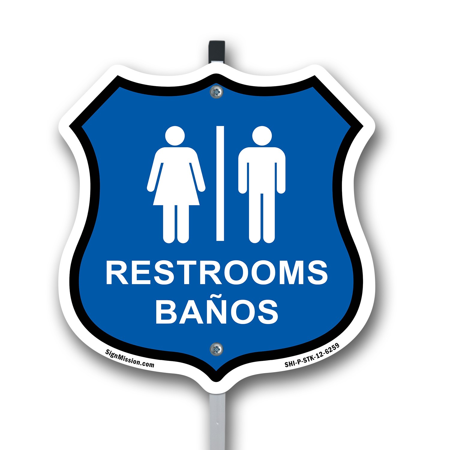 Restrooms Ba�os Bilingual English / Spanish Shiel Shaped Sign With Stake