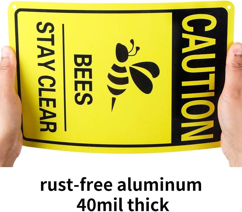2 Pack Caution Bees Stay Clear Sign, 10″X 7″ .04″ Aluminum Reflective Sign Rust