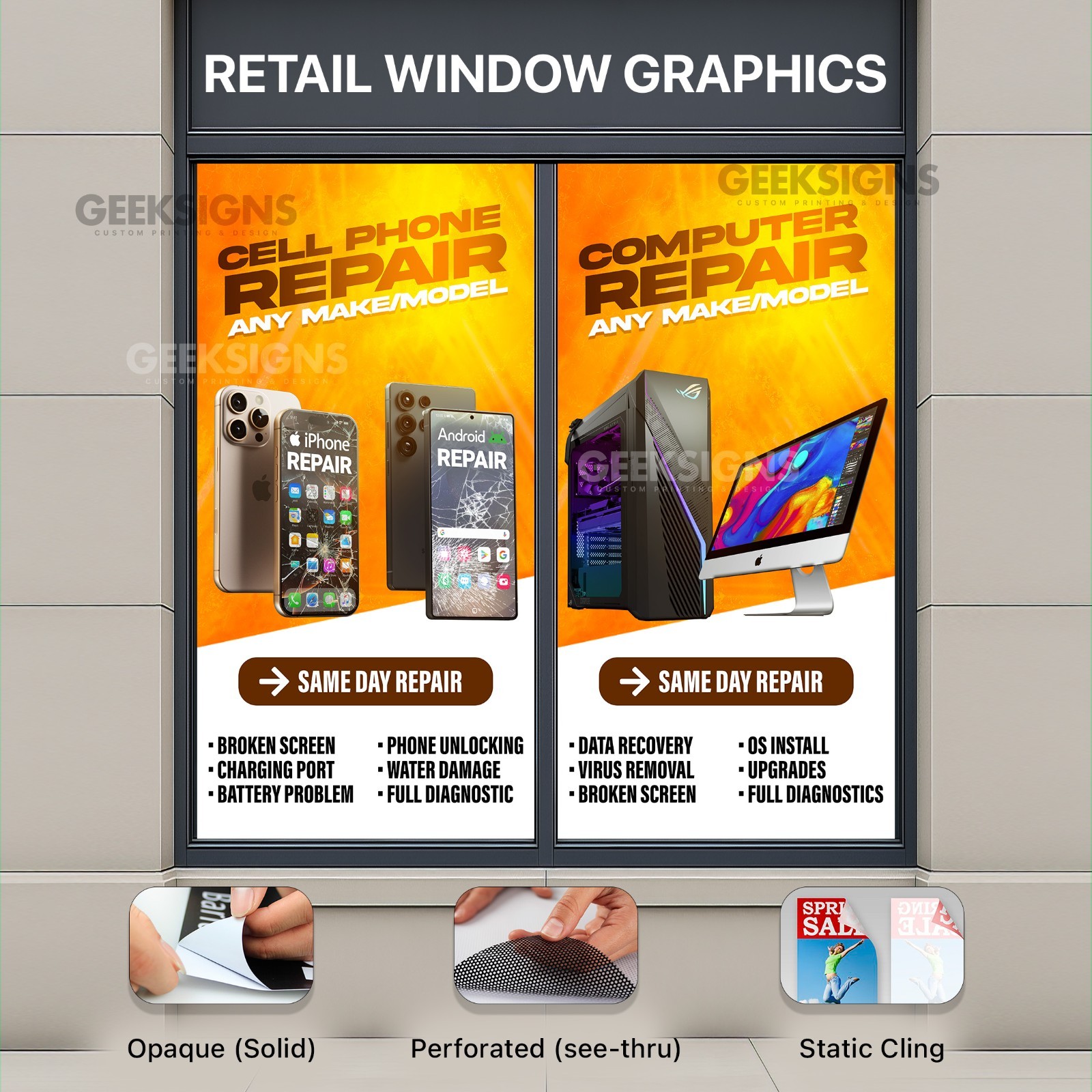 Cell Phone Computer Repair Window Wrap Decals – Set of 2 Storefront Signs Poster