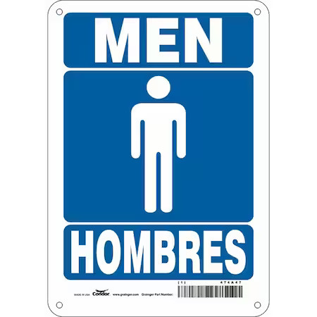 Condor 474A47 Restroom Sign, Men/Hombres, 7 In W X 10 In H, Horizontal