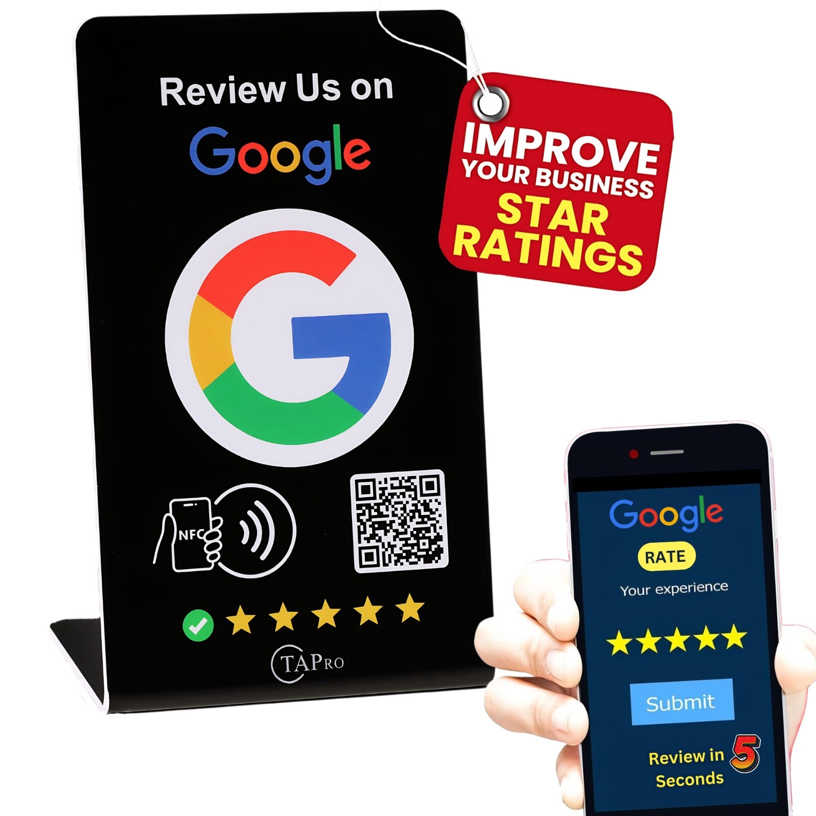 Google Review Stand Tap Tap for Instant Reviews – All Phones Compatible (BLACK)