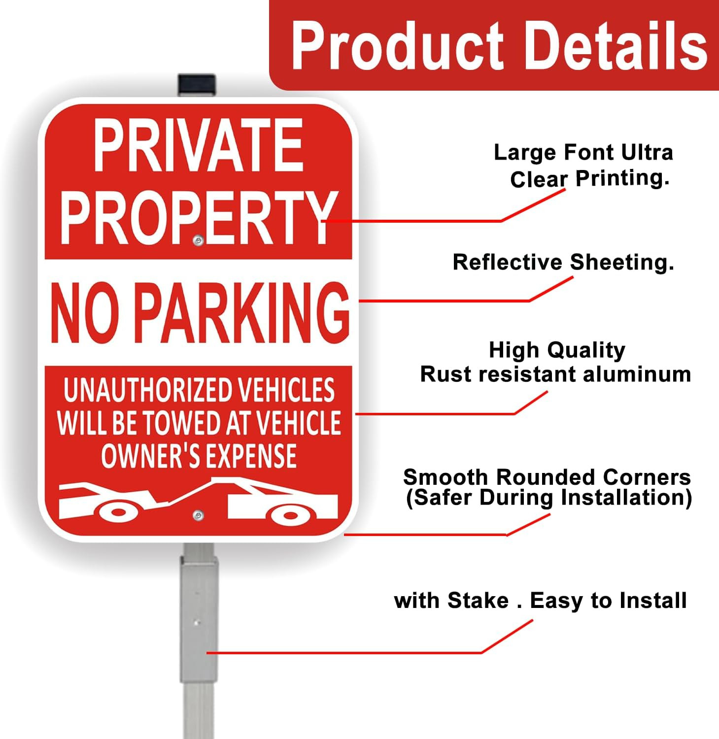 Large Private Property No Parking Sign with Stake – 2 Pack, Reflective Aluminum