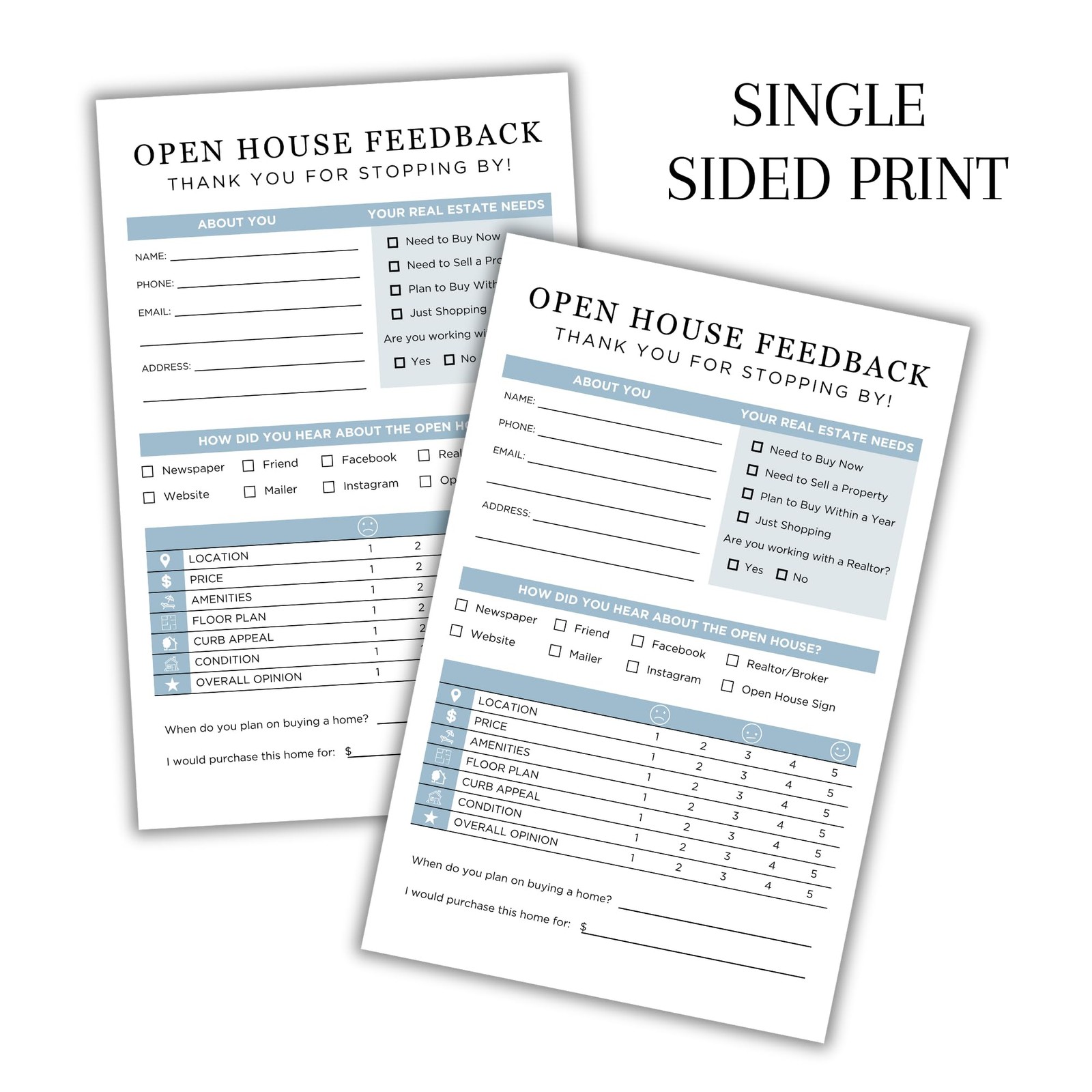 Realtor Open House Feedback Form Sign In Sheet Marketing Cards 75 PCS Pack