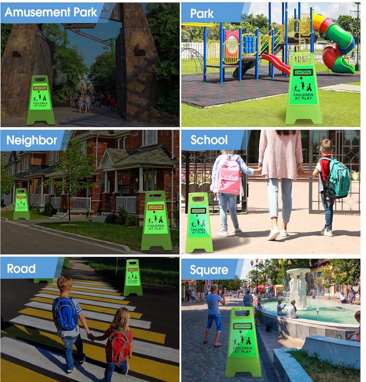 4pcs Reflective Kids at Play Sign Double Sided 24in Portable Handle Green