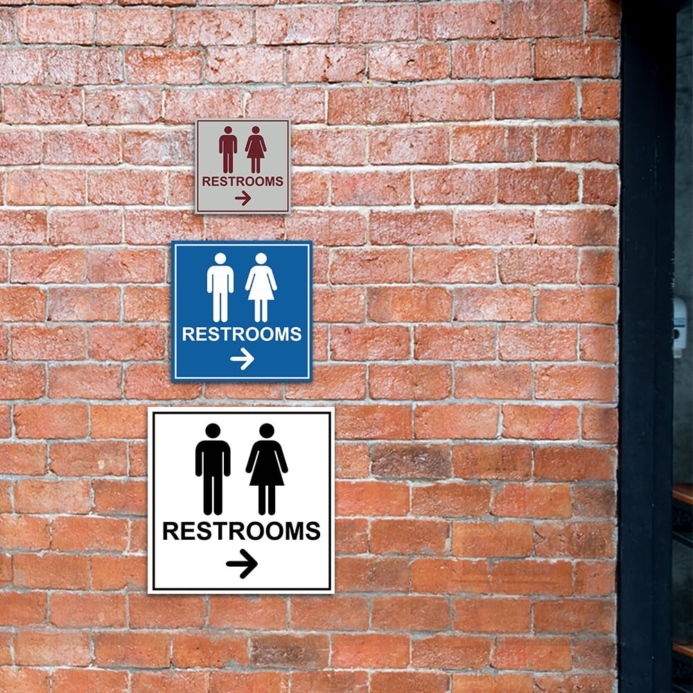 Black Medium Square Restrooms Right Arrow Sign Adhesive Tape Mount Any Surface