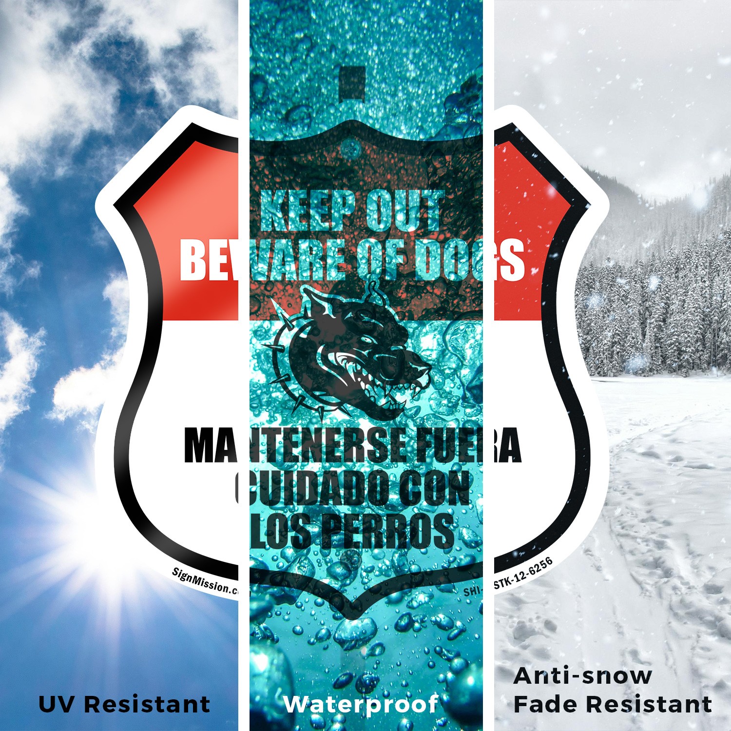 Keep Out Beware of Dogs Bilingual English Spanish Shield Shaped Sign With Stake