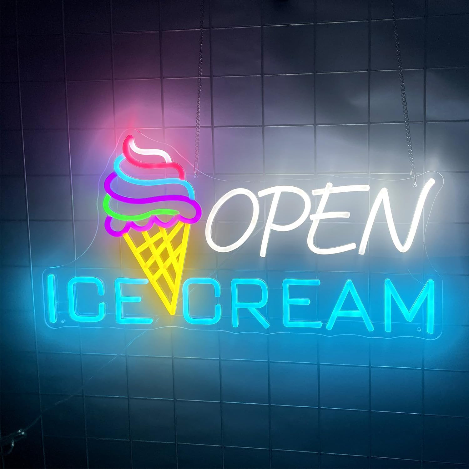 Ice Cream Sign 22.4×11” Ice Cream Open Shop Neon Signs USB Powered Bar Sign Lig