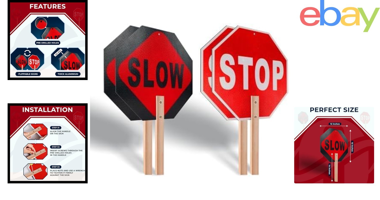 Double-Sided Stop Slow Signs with High Visibility for Traffic Control – 12×12