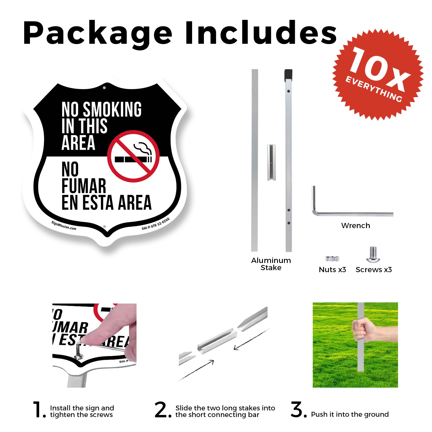 No Smoking In This Area Bilingual English Spanish Shield Shaped Sign With Stake