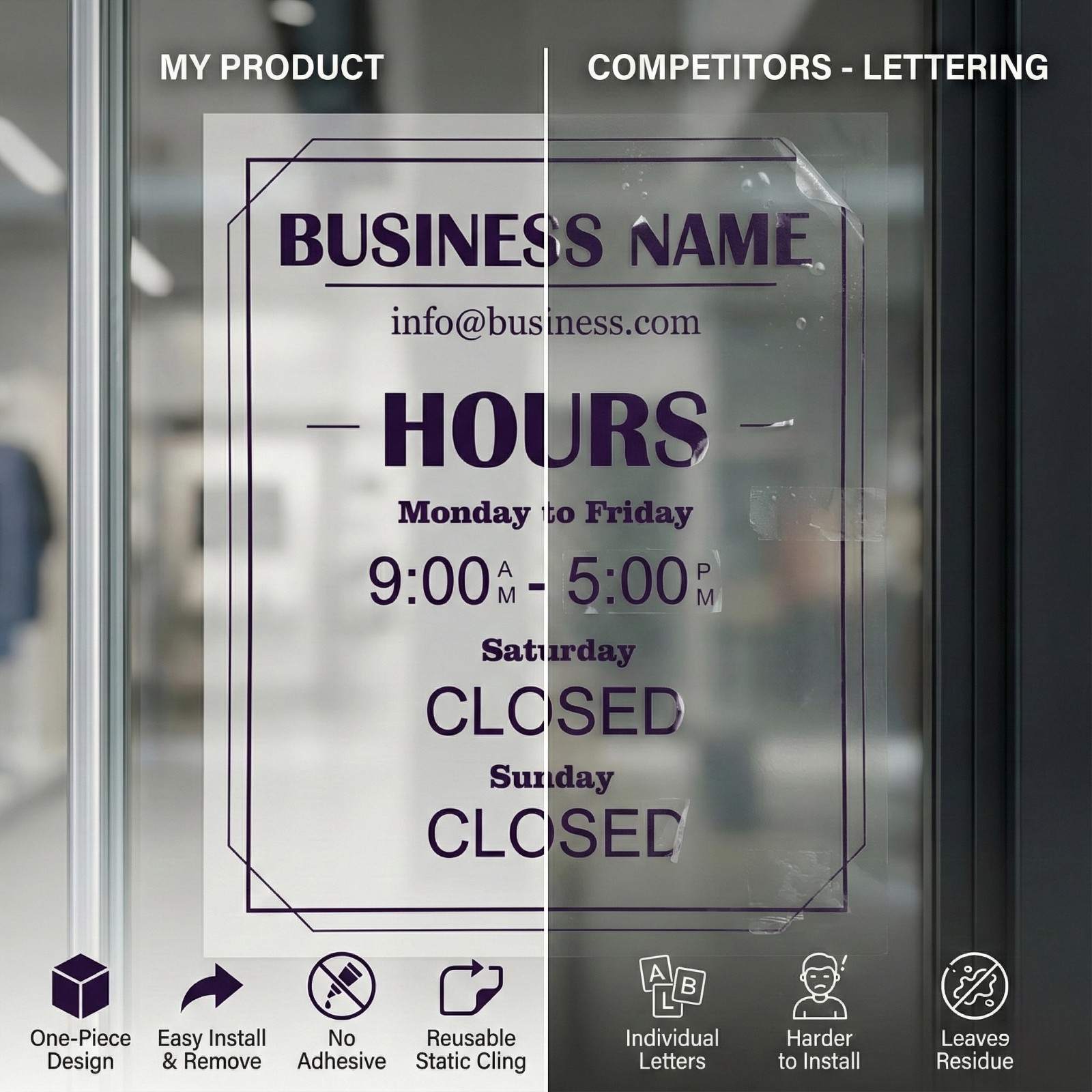Custom Business Hours Sign for Door – Personalized Static Cling Window Decal