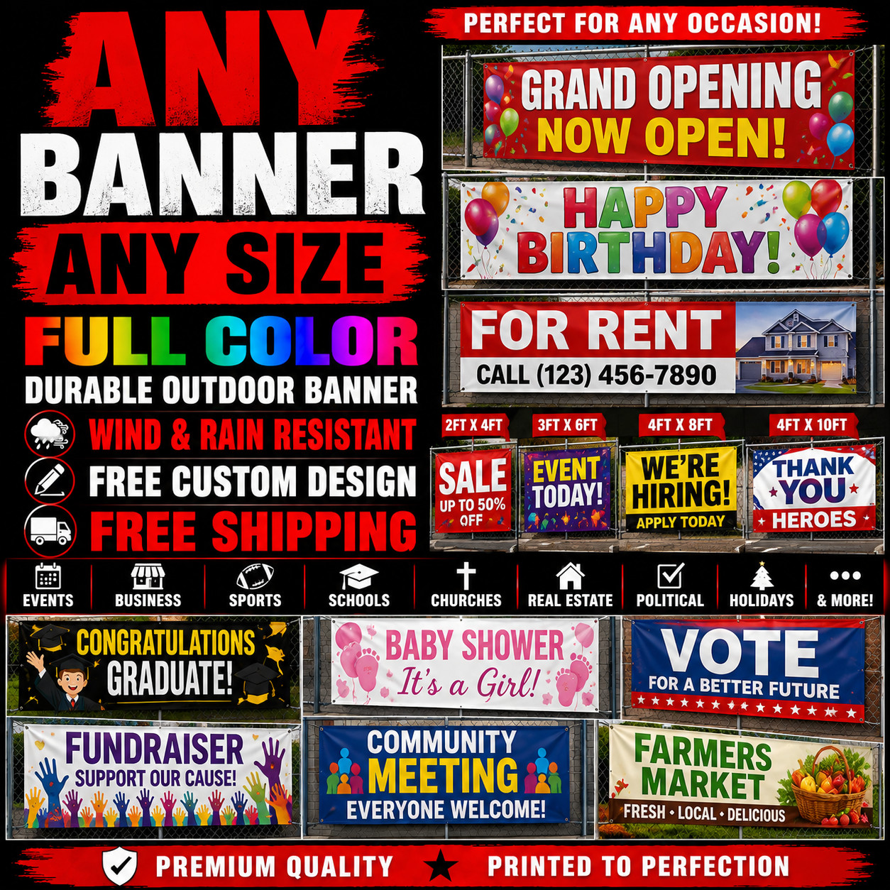 ANY BANNER ANY SIZE FREE DESIGN & SHIPPING RAIN & WIND RESISTANT OUTDOOR BANNER
