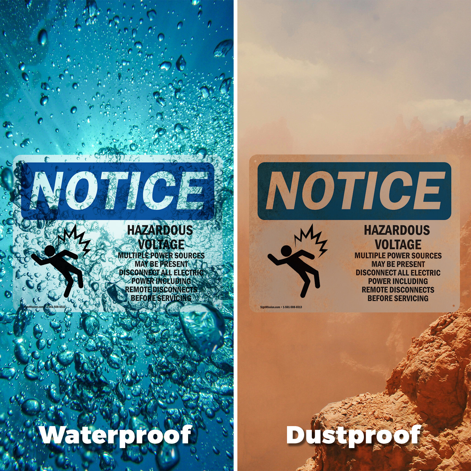 (2 Pack) Hazardous Voltage Multiple Power OSHA Notice Sign Decal Metal Plastic