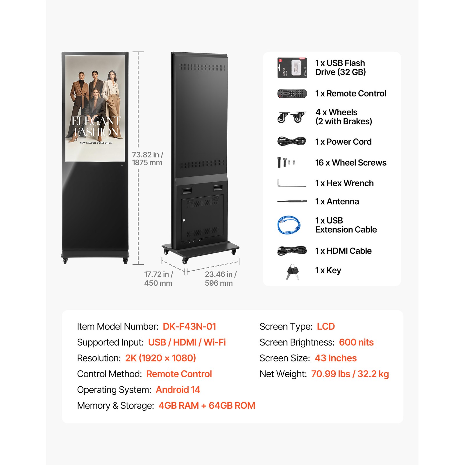 Uimoso 43 in Indoor Digital Signage Floor Standing LCD Advertising Display Kiosk