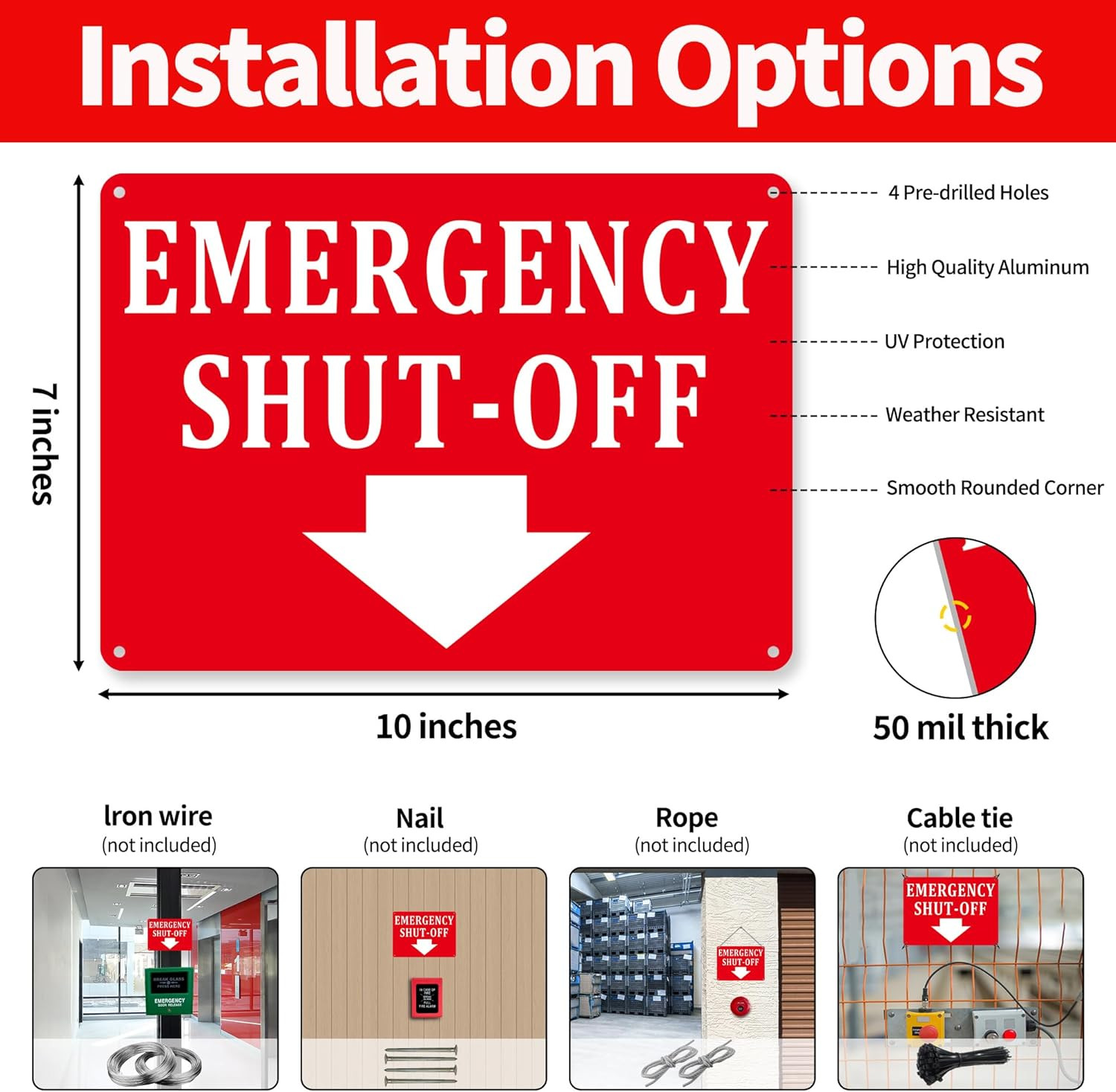 (2 Pack) Aluminum Emergency Shut-Off Sign, Emergency Shut-Off Signs with Down Ar