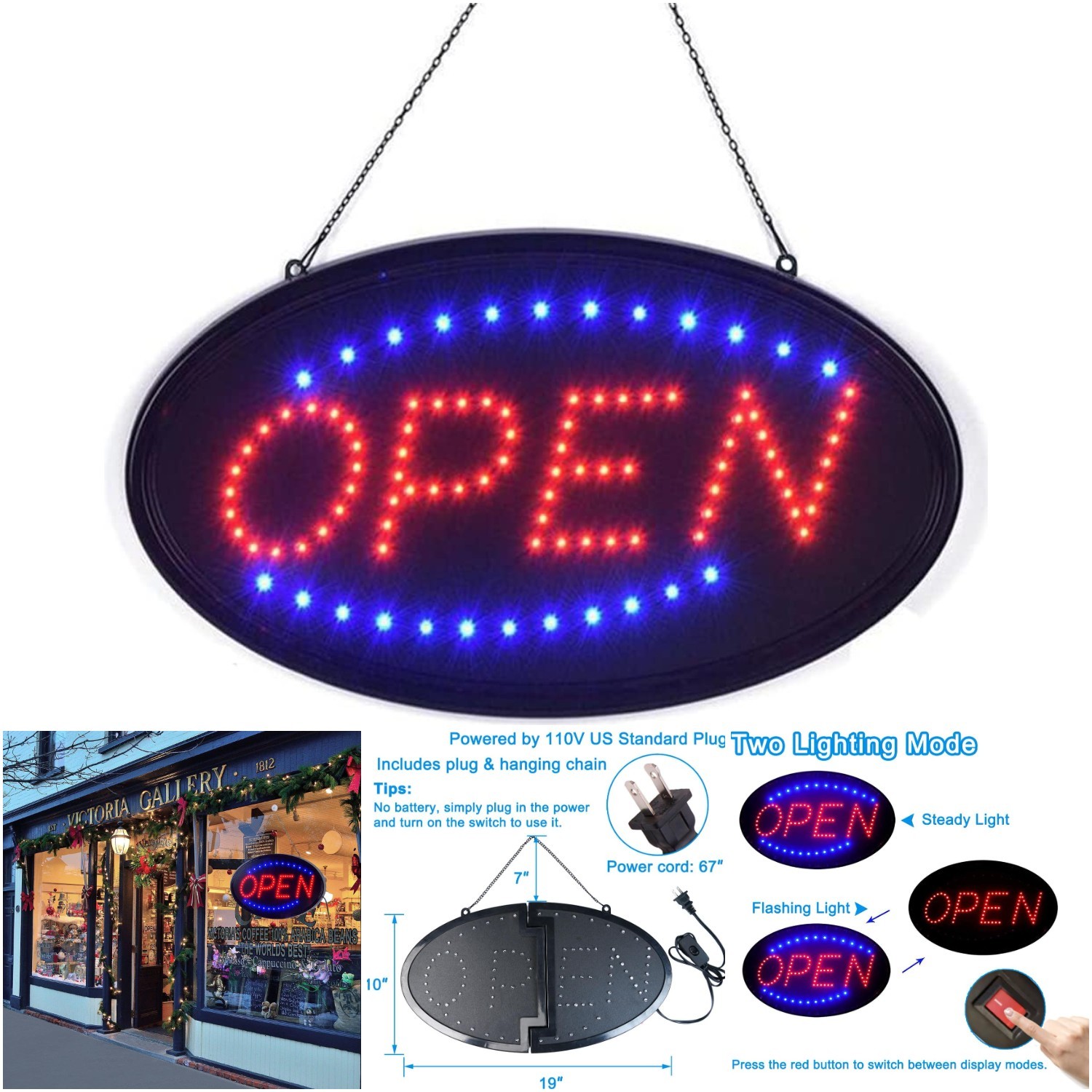 19’x10′ Led Open Sign Bright Flashing Light Business Window Hotel Display Board